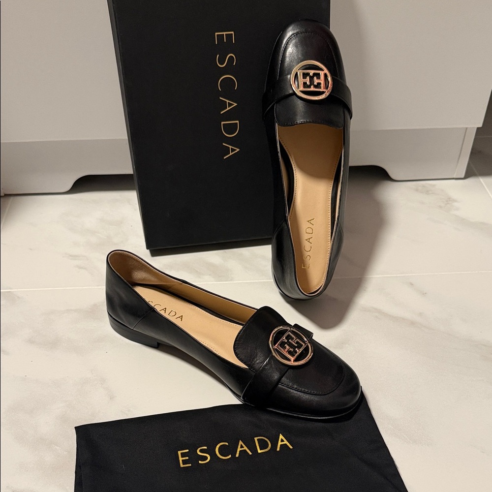 Escada Black Loafers with Gold Emblem